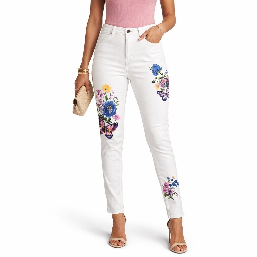 DG2 Diane Gilman Skinny Jeans Women's 12T White Colorful Floral Butterfly Tall